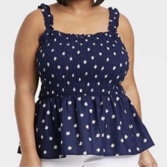 Cottagecore Ava Viv Navy White Daisy Floral Smocked Peplum Tank Top 1X Boho Chic - Picture 3 of 13